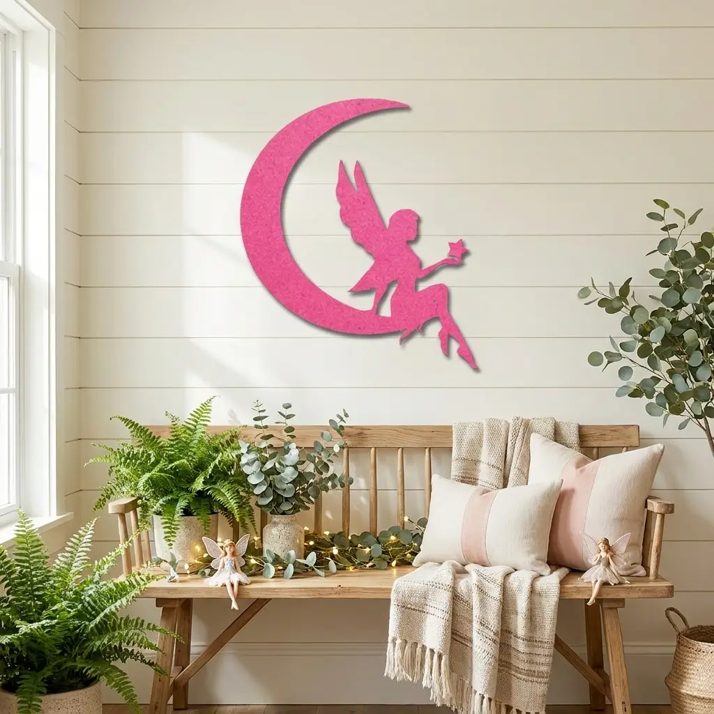 Fairy on Moon Metal Wall Art | Crescent Moon Fairy Wall Decor | Fantasy Metal Wall Hanging | Fairy Bedroom Decor | Made in USA