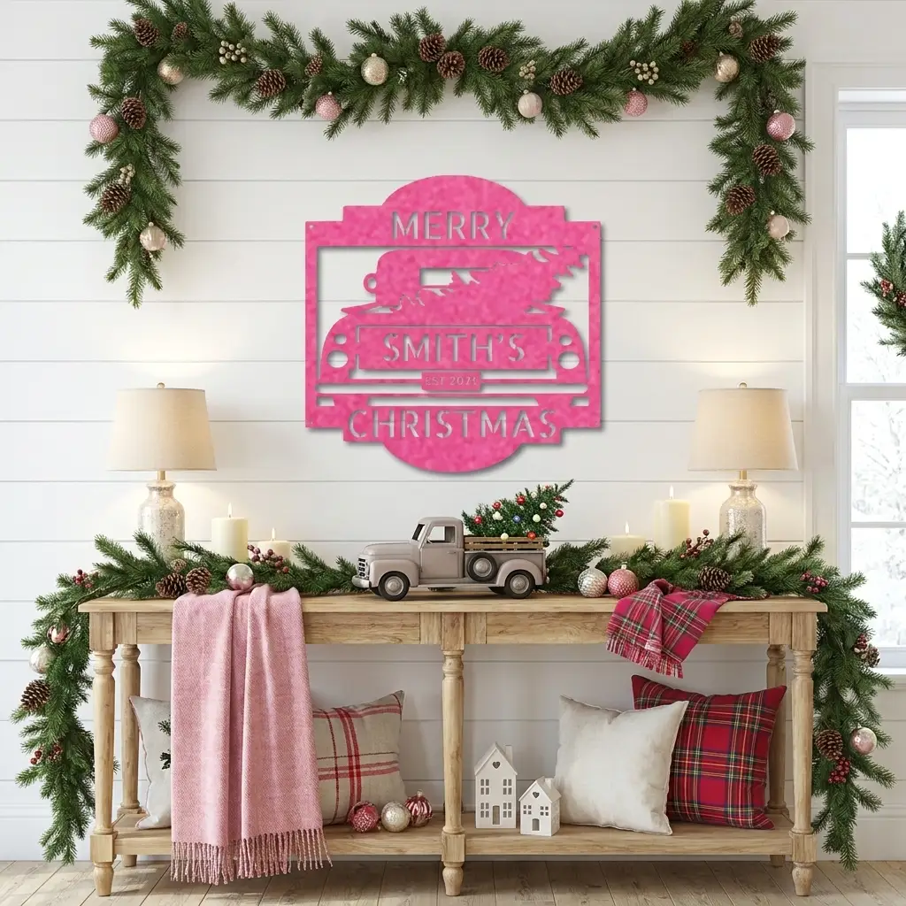 Christmas Truck Personalized Metal Wall Sign | Custom Family Holiday Wall Art | Vintage Truck Christmas Decor | Personalized Name & Year Metal Sign | Made in USA