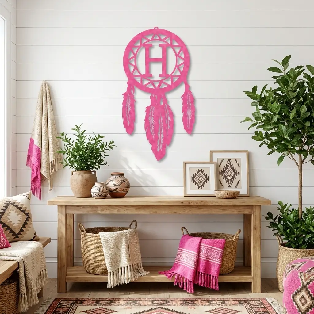 Personalized Dreamcatcher Metal Wall Art – Custom Initial Southwestern Feather Décor