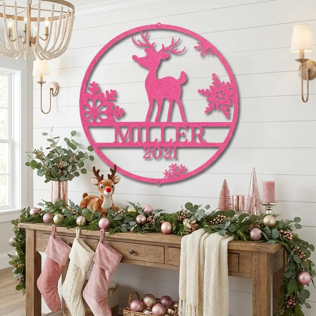 Rudolph Reindeer Christmas Personalized Metal Sign | Custom Family Name & Year Holiday Wall Art | Reindeer Snowflake Metal Decor | Christmas Gift for Family