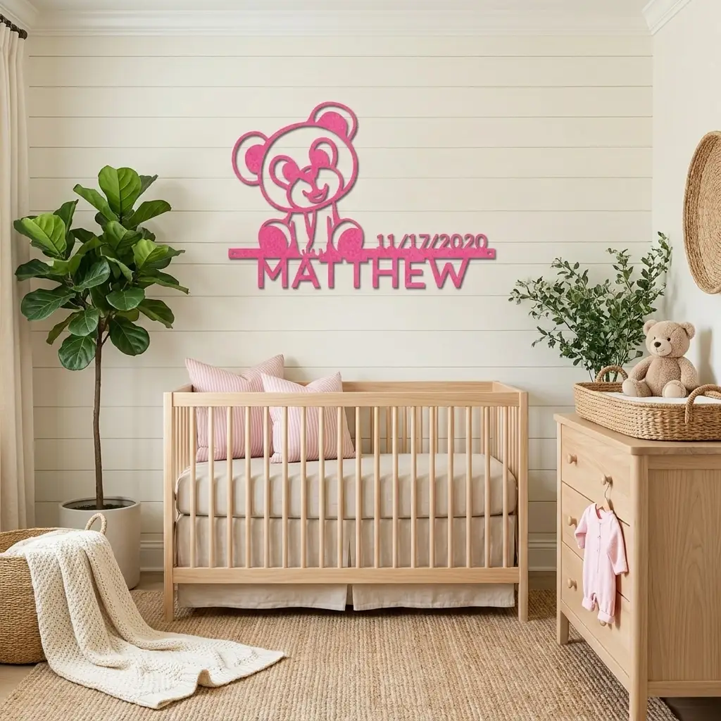 Personalized Teddy Bear Nursery Metal Wall Art – Custom Baby Name Sign with Birth Date – Nursery Decor – Baby Shower Gift