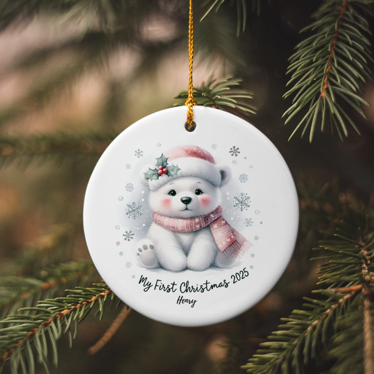 My First Christmas 2025 Polar Bear Ornament – Baby’s First Christmas Keepsake, Cute Newborn Gift, Durable MDF Ornament with Gold Cord