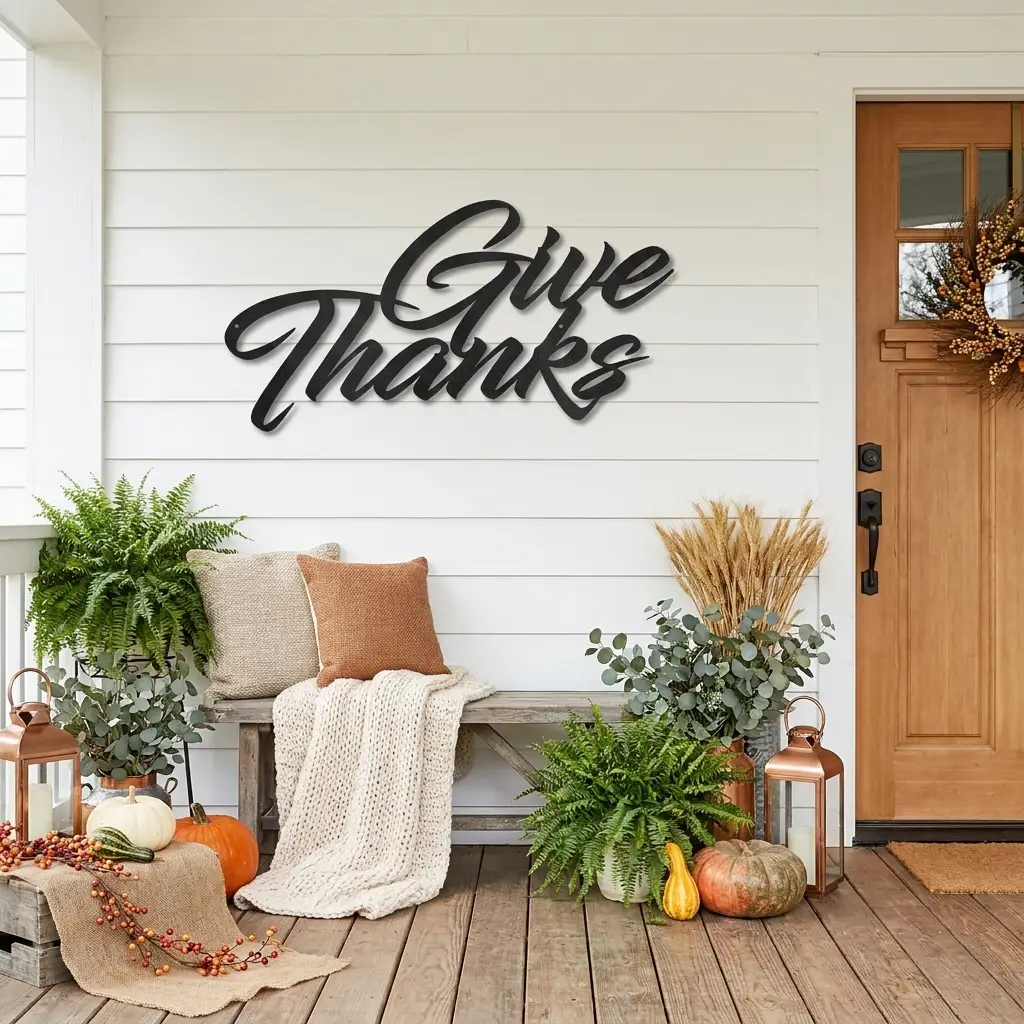 Give Thanks Metal Sign, Farmhouse Wall Decor, Thanksgiving Decor, Script Wall Art, Fall Home Decor, Gratitude Sign