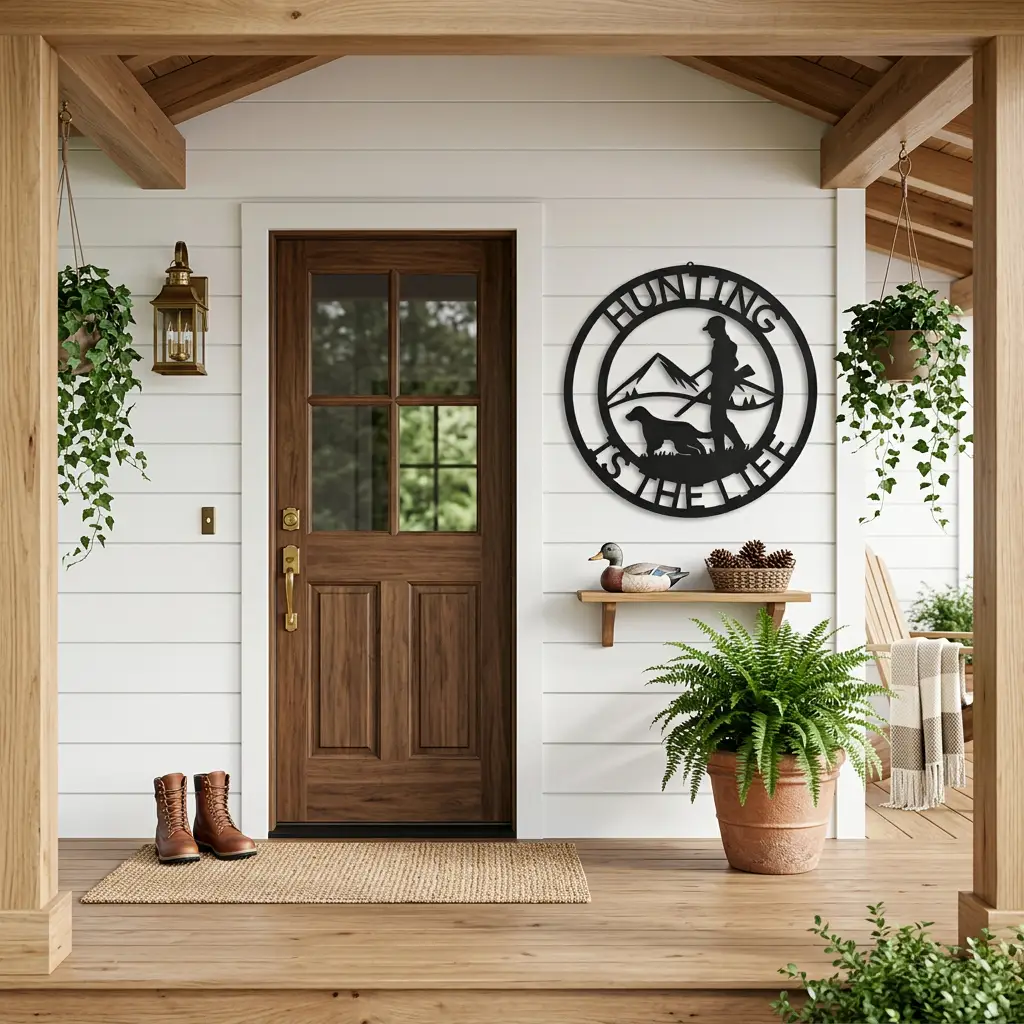 Personalized Hunter Metal Wall Art | Custom Hunting Sign with Hunter & Dog Scene | Mountain Hunting Decor | Personalized Cabin Sign | Rustic Outdoor Wall Art | Custom Name Sign