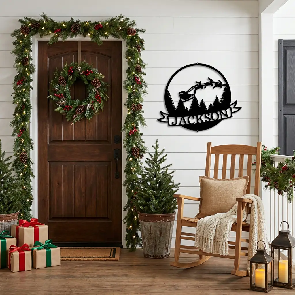 Santa Sleigh & Reindeer Personalized Metal Wall Art | Custom Family Name Christmas Sign | Holiday Metal Wall Decor | Farmhouse Christmas Decoration | Made in USA
