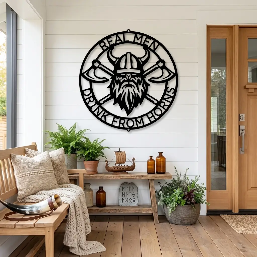 Personalized Viking Metal Wall Art | Custom Norse Warrior Sign | Viking Helmet & Battle Axes Steel Wall Decor | Custom Family Name Sign | Made in USA