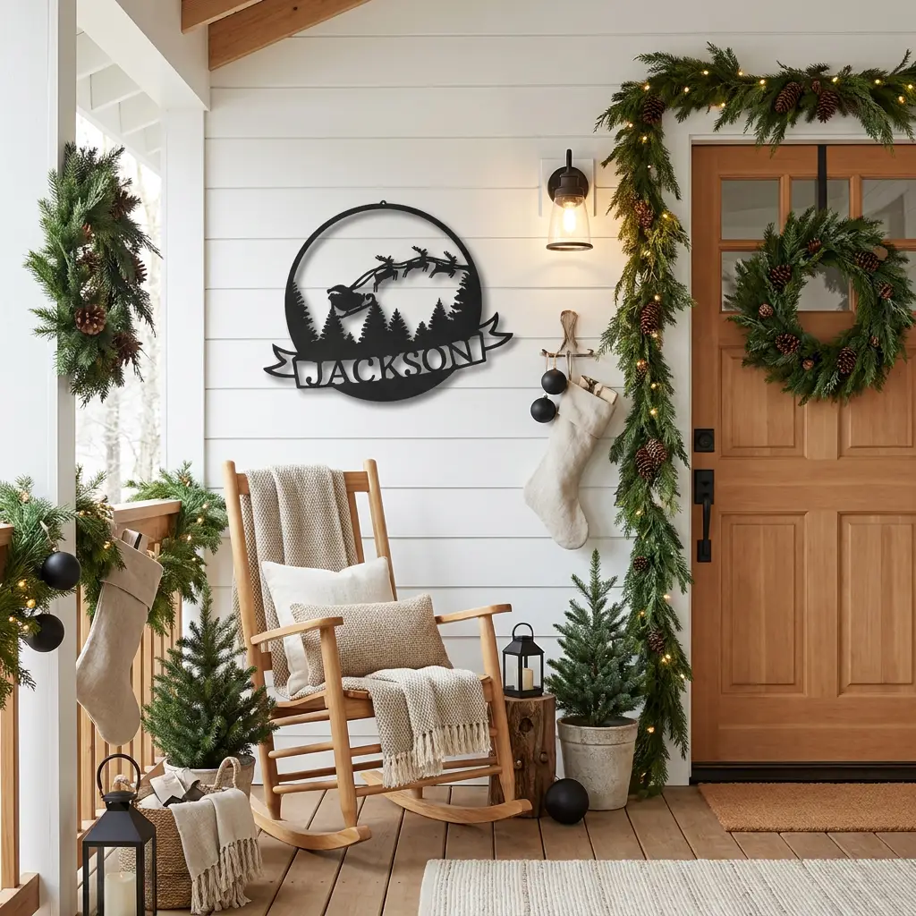 Santa Sleigh & Reindeer Personalized Metal Wall Art | Custom Family Name Christmas Sign | Holiday Metal Wall Decor | Farmhouse Christmas Decoration | Made in USA