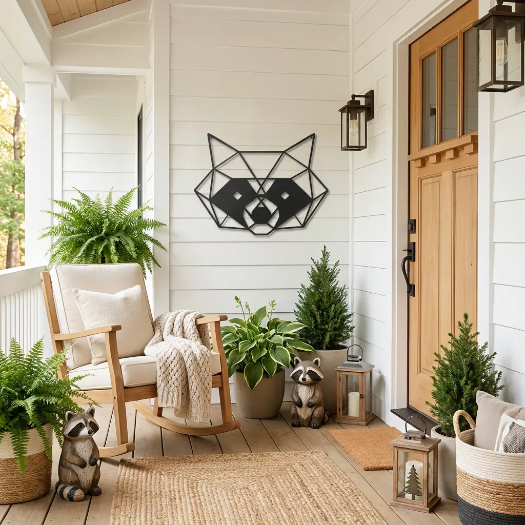 Geometric Raccoon Metal Wall Art – Modern Wildlife Steel Sign, Rustic Cabin Decor, Forest Animal Wall Hanging, Laser Cut Metal Art 12"–36"