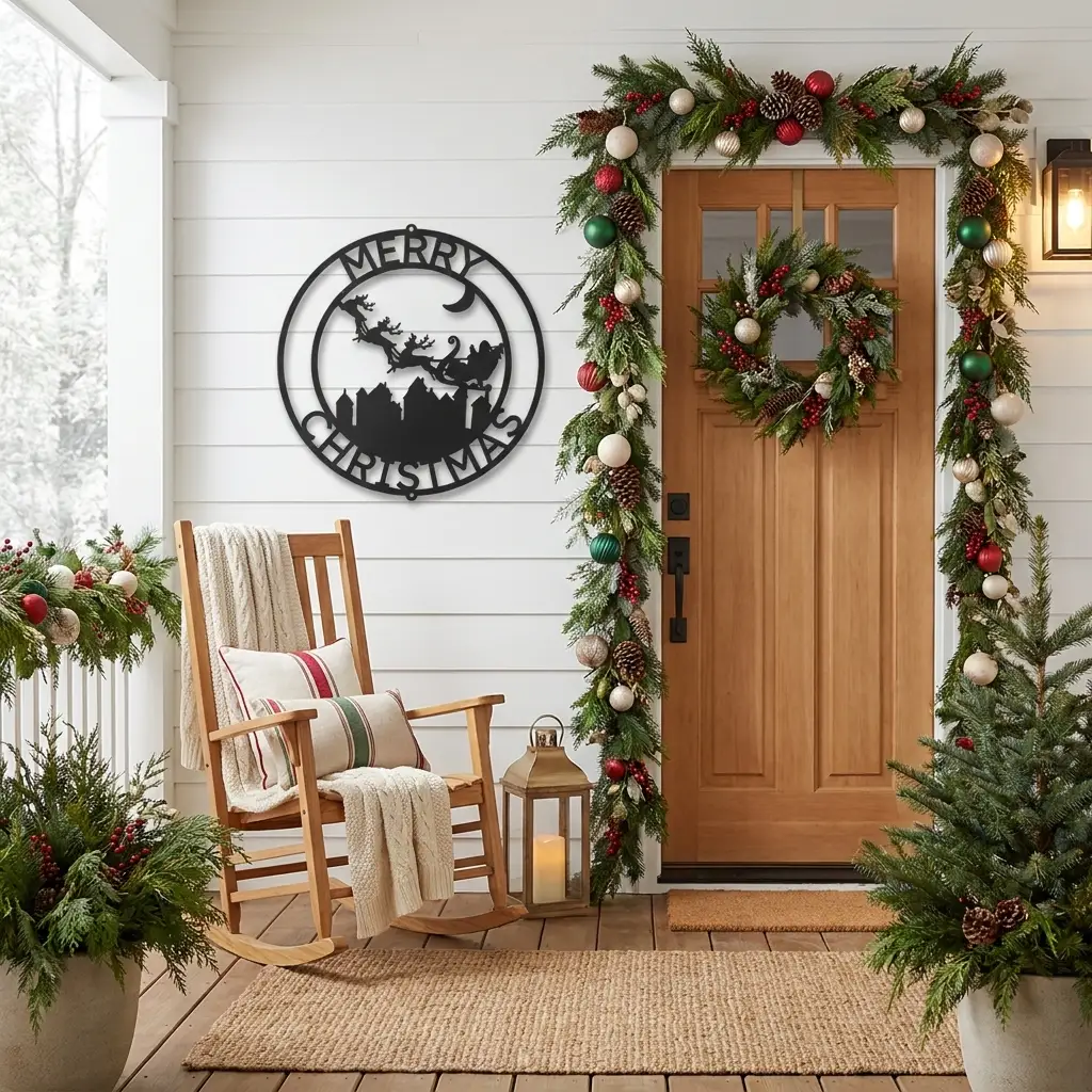 Santa Sleigh & Flying Reindeer Personalized Metal Wall Art | Custom Christmas Family Name Sign | Holiday Metal Wall Decor | Winter Village Christmas Sign | Made in USA
