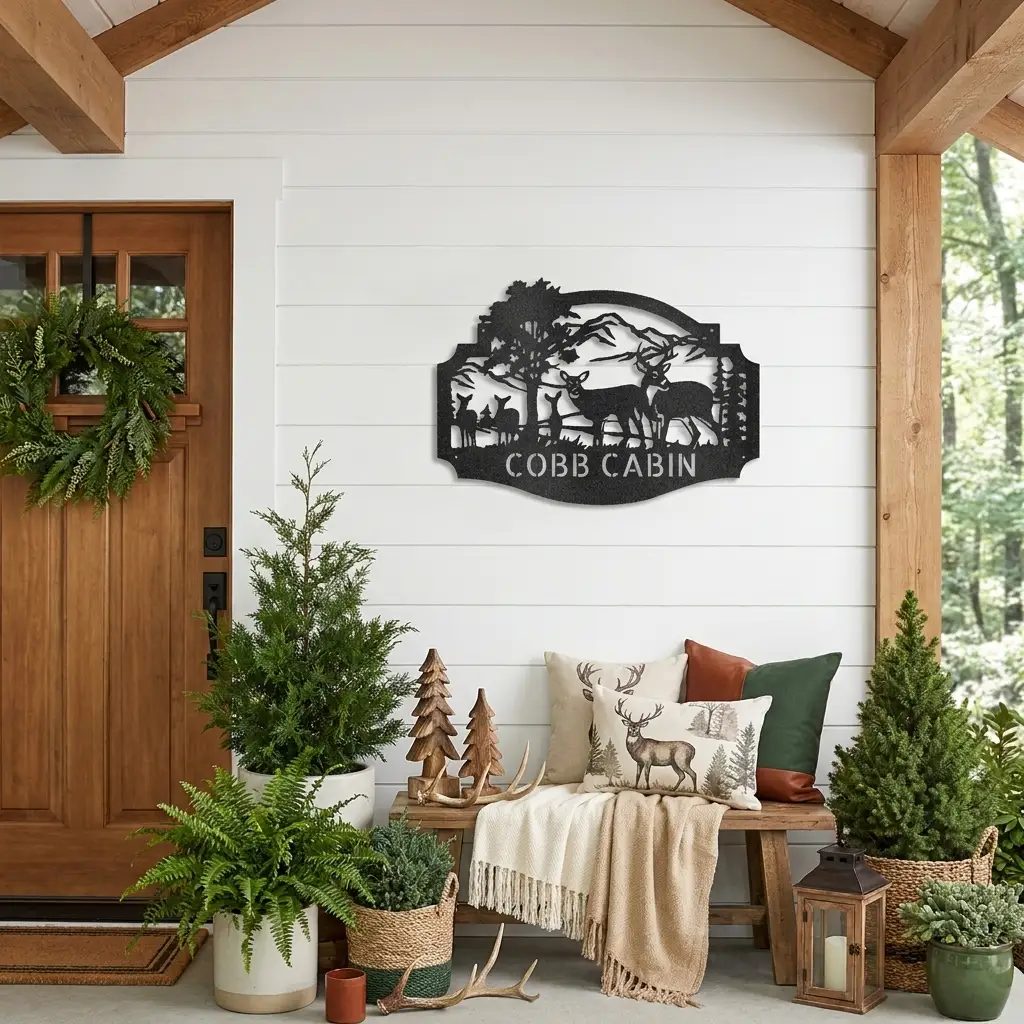 Personalized Deer Cabin Metal Wall Art – Rustic Family Name Sign – Hunting Lodge Decor – Custom Mountain Scene Steel Sign – Cabin Wall Decor Gift
