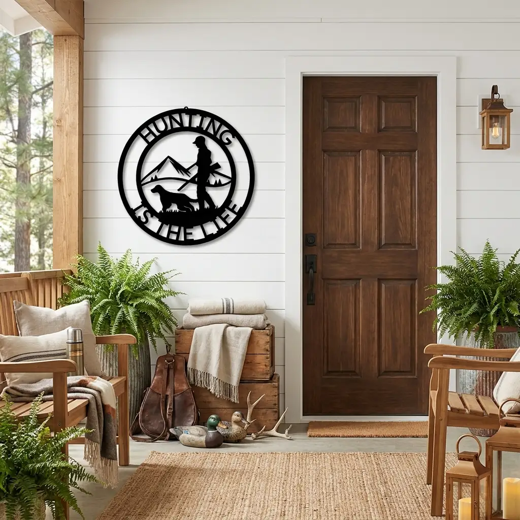 Personalized Hunter Metal Wall Art | Custom Hunting Sign with Hunter & Dog Scene | Mountain Hunting Decor | Personalized Cabin Sign | Rustic Outdoor Wall Art | Custom Name Sign