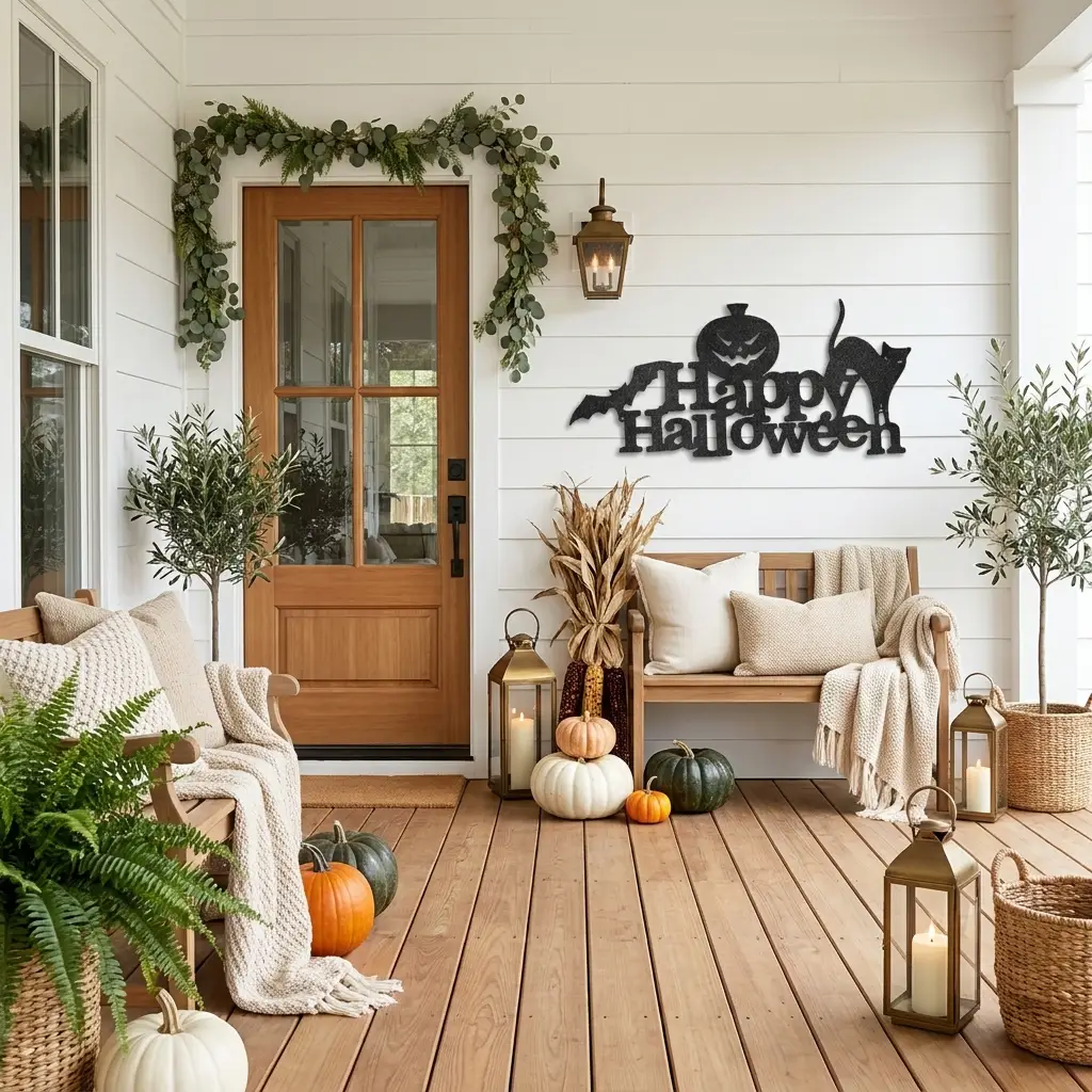 Happy Halloween Metal Wall Art | Pumpkin, Black Cat & Bat Halloween Sign | Rustic Halloween Decor | Indoor & Outdoor Metal Wall Hanging | Made in USA