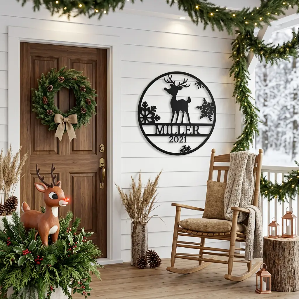 Rudolph Reindeer Christmas Personalized Metal Sign | Custom Family Name & Year Holiday Wall Art | Reindeer Snowflake Metal Decor | Christmas Gift for Family