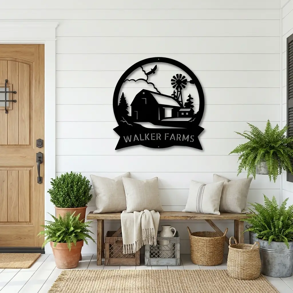 Personalized Farm Barn & Windmill Metal Sign | Custom Family Farm Name Sign | Rustic Farmhouse Wall Decor | Barn Scene Metal Art | Ranch Entrance Sign | Made in USA