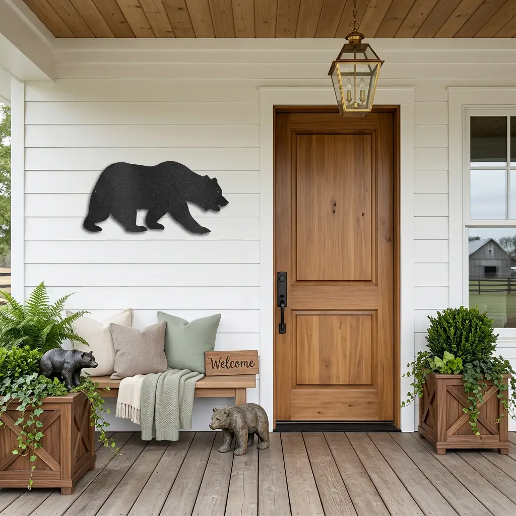 Grizzly Bear Metal Wall Art Sign – Rustic Cabin Wildlife Decor – Bear Silhouette Steel Wall Art – Outdoor Lodge Mountain Home Decor