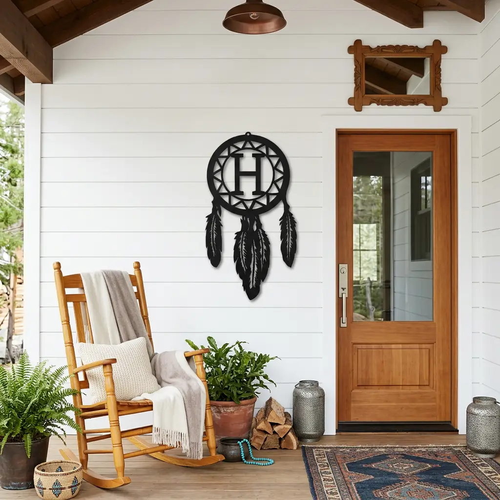 Personalized Dreamcatcher Metal Wall Art – Custom Initial Southwestern Feather Décor