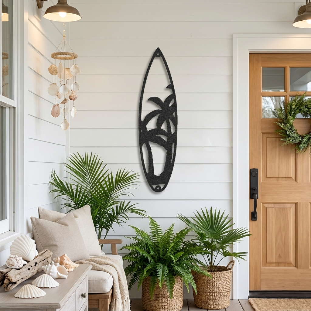 Palm Tree Surfboard Metal Wall Art | Tropical Coastal Beach Decor | Surfboard Shaped Metal Wall Hanging | Island & Ocean Home Decor | Made in USA