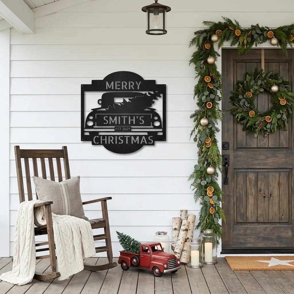 Christmas Truck Personalized Metal Wall Sign | Custom Family Holiday Wall Art | Vintage Truck Christmas Decor | Personalized Name & Year Metal Sign | Made in USA