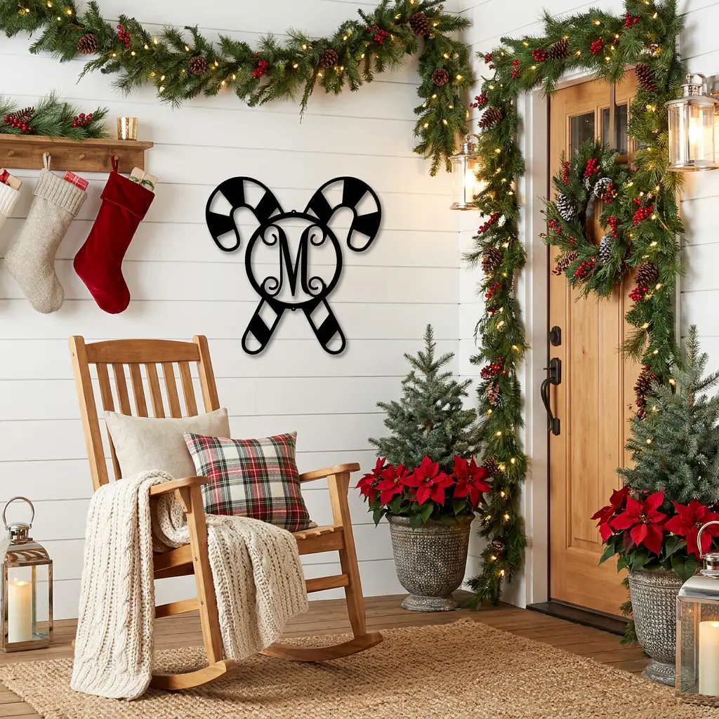 Personalized Candy Cane Monogram Metal Wall Art – Custom Initial Christmas Sign – Holiday Steel Décor (5 Sizes, 5 Colors)