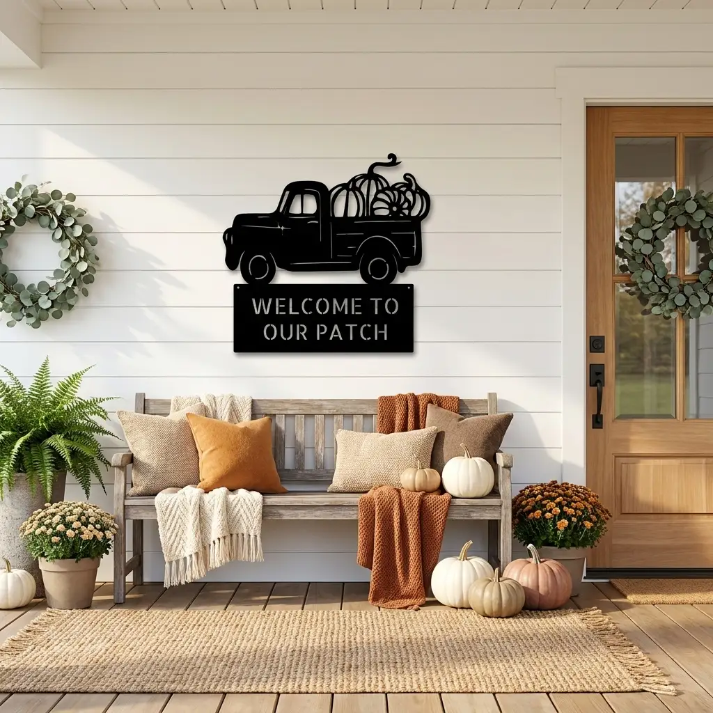 Personalized Vintage Pumpkin Truck Metal Wall Art | Custom Fall Harvest Sign | Farmhouse Autumn Decor | Welcome Pumpkin Patch Sign | Rustic Thanksgiving Wall Decor | Made in USA