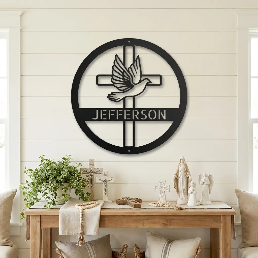 Personalized Cross & Dove Metal Wall Art – Custom Family Name Christian Steel Sign – Faith Based Farmhouse Wall Decor
