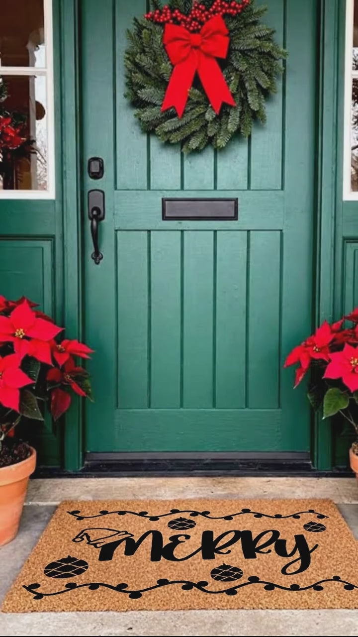 Merry Christmas Doormat | Festive Holiday Coir Welcome Mat with Ornaments & Santa Hat Design | Rustic Front Porch Décor