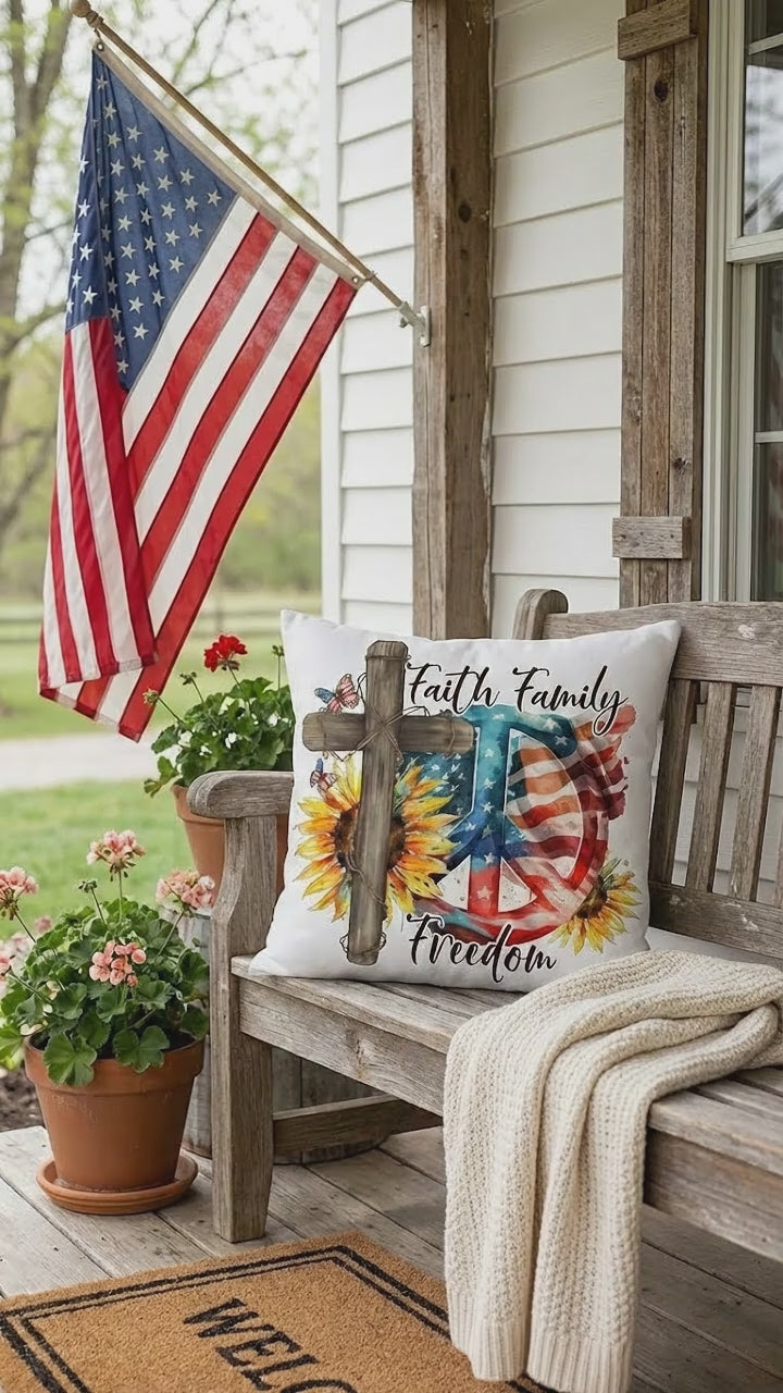 Faith Family Freedom Patriotic Pillow – Christian American Flag Indoor Outdoor Pillow – Rustic Farmhouse Cross Decor – Inspirational USA Throw Pillow