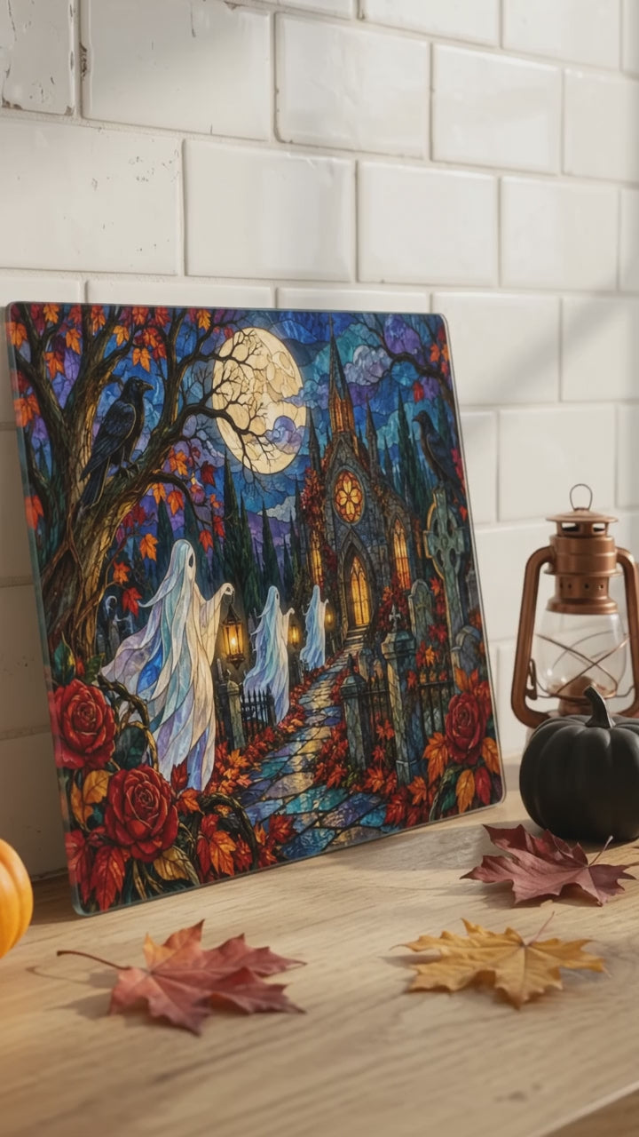 Halloween Ghost Personalized Glass Cutting Board, Haunted Graveyard Kitchen Decor