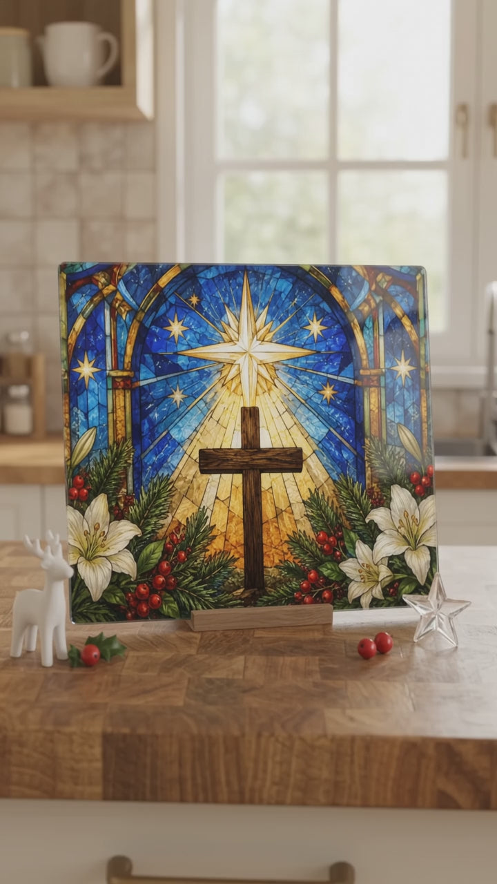 Christian Cross Glass Cutting Board, Stained Glass Christmas Decor, Religious Kitchen Gift, Star of Bethlehem Christian Gift