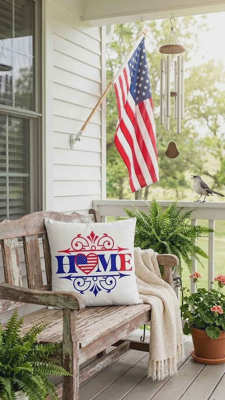 Patriotic Home Pillow with American Flag Heart – Red White Blue Throw Pillow – USA Indoor Outdoor Cushion – Farmhouse Porch Decor – Americana Accent