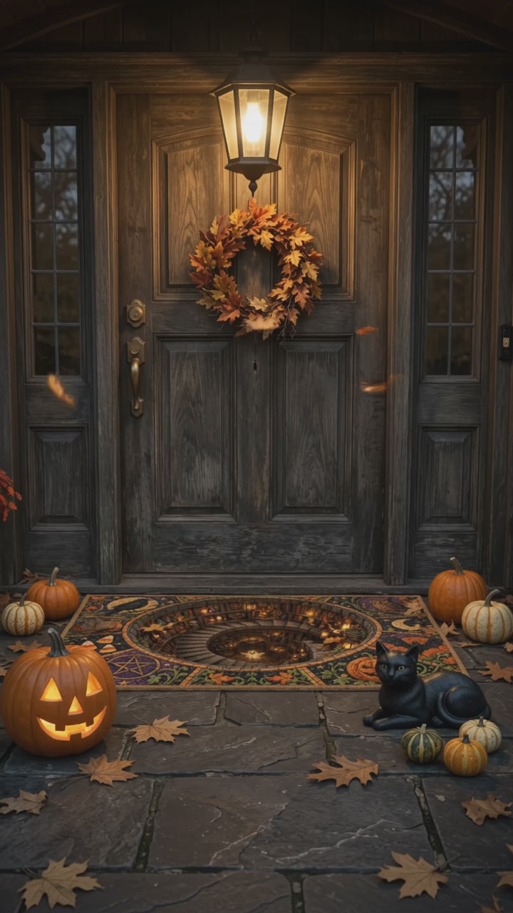Black Cat 3D Halloween Doormat, Witchy Spiral Staircase Door Mat, Spooky Cat Welcome Mat, Pumpkin Halloween Porch Decor