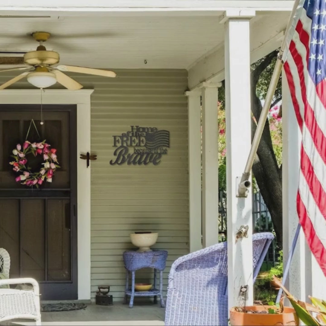 Home of the Free Because of the Brave Metal Wall Art – Patriotic American Flag Sign – Handmade Steel Indoor/Outdoor Décor (5 Sizes, 5 Colors)