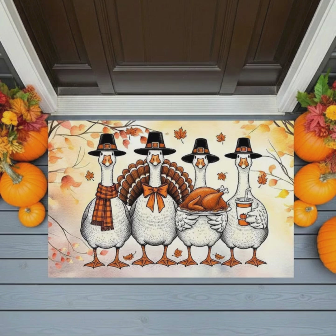 Thanksgiving Goose Family Doormat – Funny Fall Welcome Mat with Pilgrim Geese, Turkey, and Pumpkin Latte – Autumn Front Porch Décor