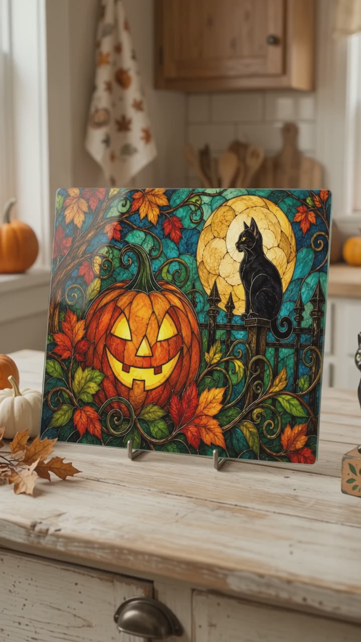 Halloween Black Cat and Jack-O-Lantern Personalized Glass Cutting Board, Spooky Pumpkin Kitchen Decor