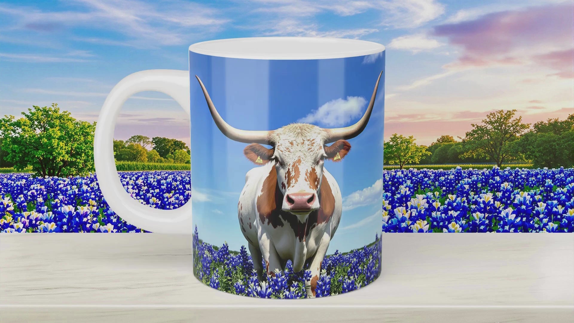 Texas Longhorn in Bluebonnet Field Ceramic Mug – 11oz & 15oz  Coffee Cup - Western, Ranch, and Texan Pride