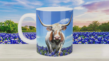 Texas Longhorn in Bluebonnet Field Ceramic Mug – 11oz & 15oz  Coffee Cup - Western, Ranch, and Texan Pride