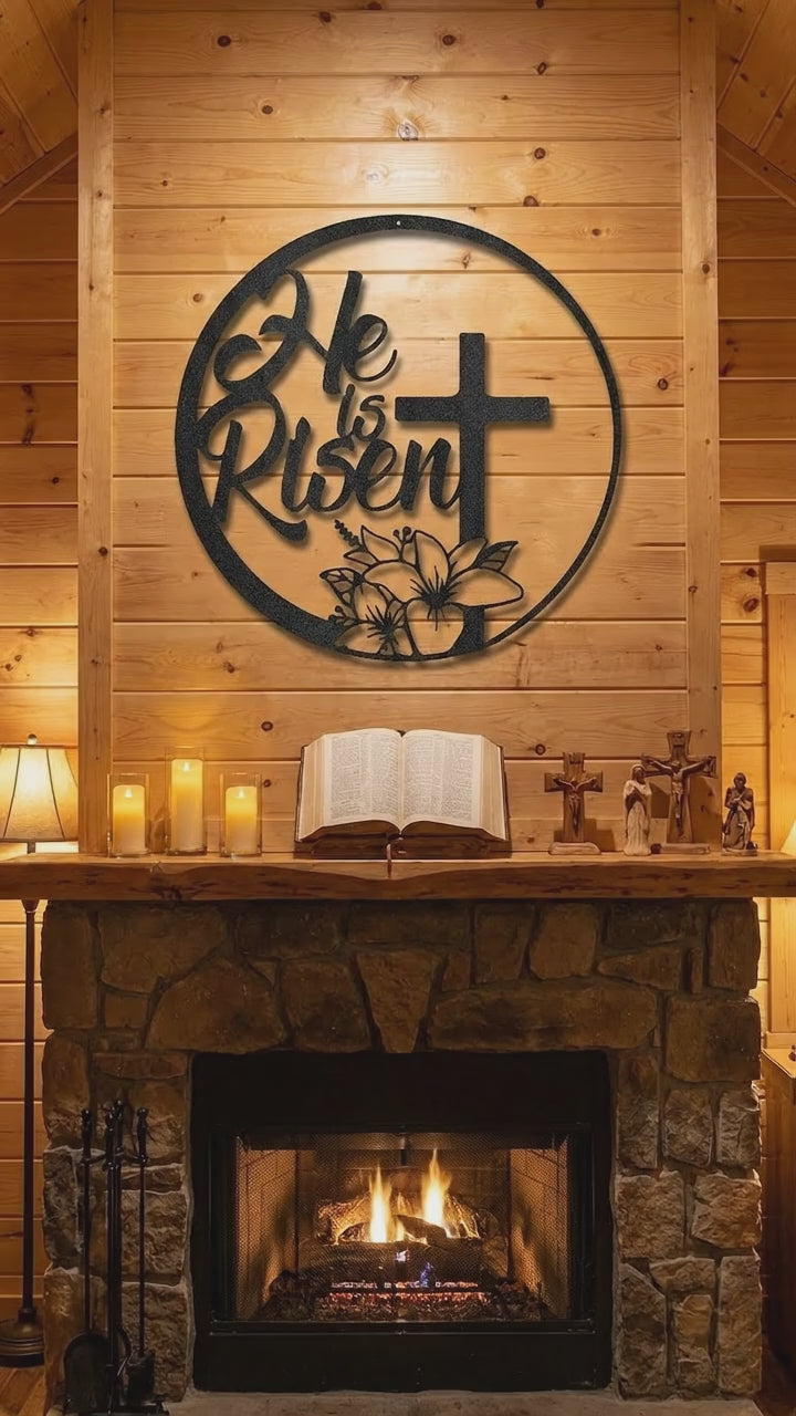 He Is Risen Metal Wall Art | Christian Easter Cross Sign | Religious Farmhouse Decor | Floral Faith Wall Hanging