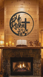 He Is Risen Metal Wall Art | Christian Easter Cross Sign | Religious Farmhouse Decor | Floral Faith Wall Hanging
