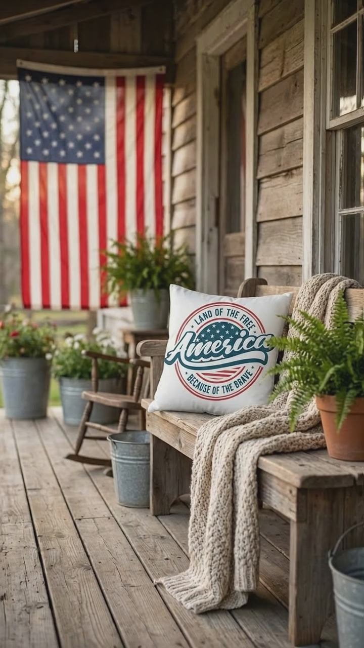 America Land of the Free Patriotic Pillow – Vintage USA Indoor Outdoor Throw Pillow – Americana Farmhouse Decor – 4th of July Cushion – Red White Blue Accent