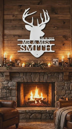 Personalized Deer Head Metal Sign, Mr and Mrs Name Sign, Wedding Gift, Anniversary Gift 25th 50th, Custom Last Name Wall Decor, Rustic Lodge Decor