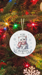 My First Christmas 2025 White Kitten Ornament – Baby’s First Christmas Keepsake, Cute Newborn Gift, Durable MDF Ornament with Gold Cord