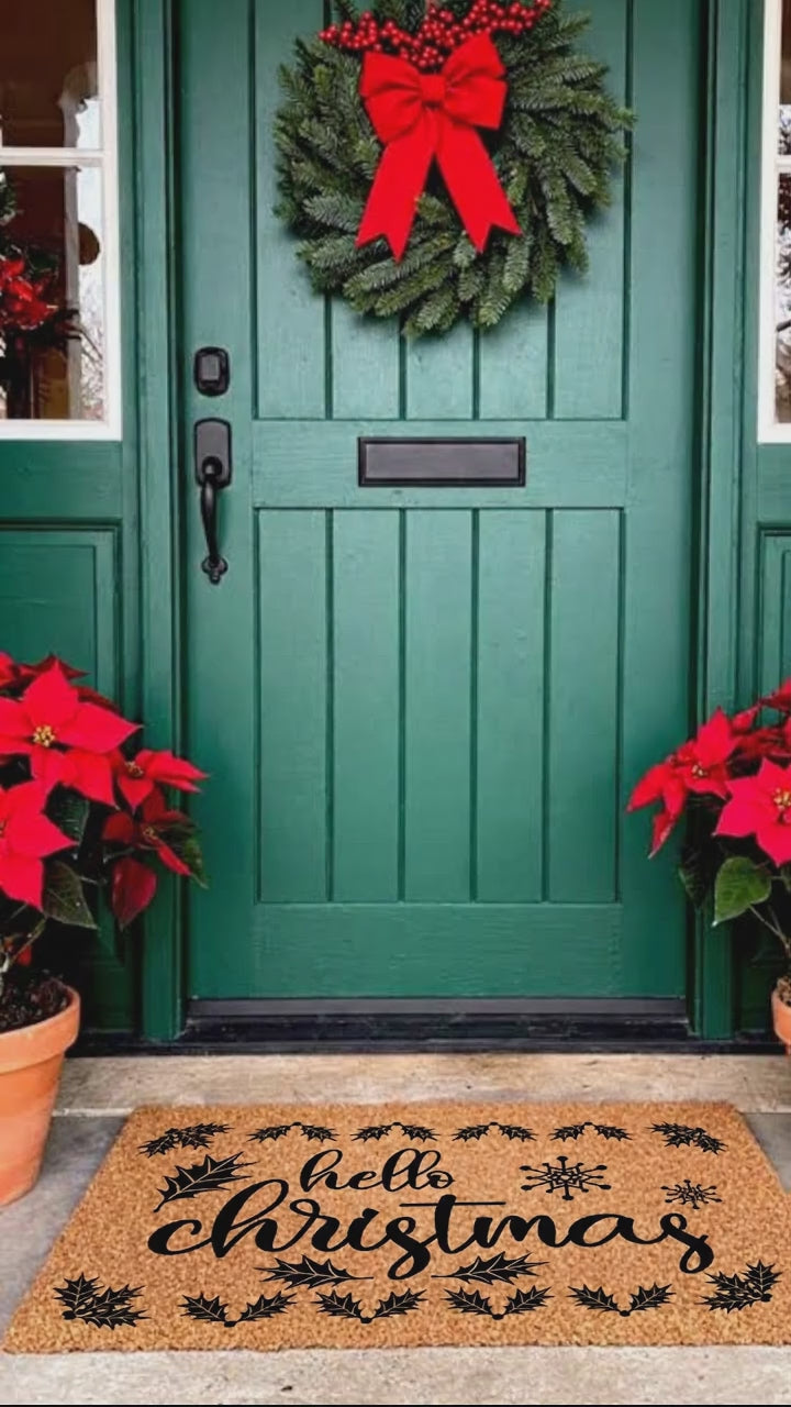 Hello Christmas Holiday Doormat | Festive Coir Welcome Mat with Holly & Snowflake Design | Rustic Farmhouse Front Porch Décor
