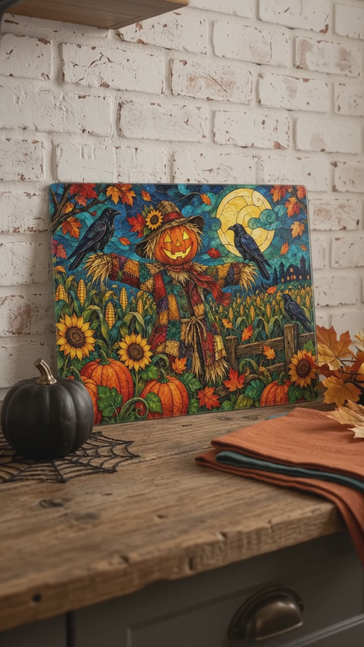 Halloween Scarecrow Personalized Glass Cutting Board, Spooky Pumpkin Kitchen Decor