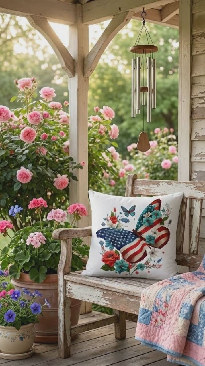Patriotic Floral Butterfly Pillow – American Flag Butterfly Throw Pillow – Red White Blue Cottagecore Farmhouse Decor