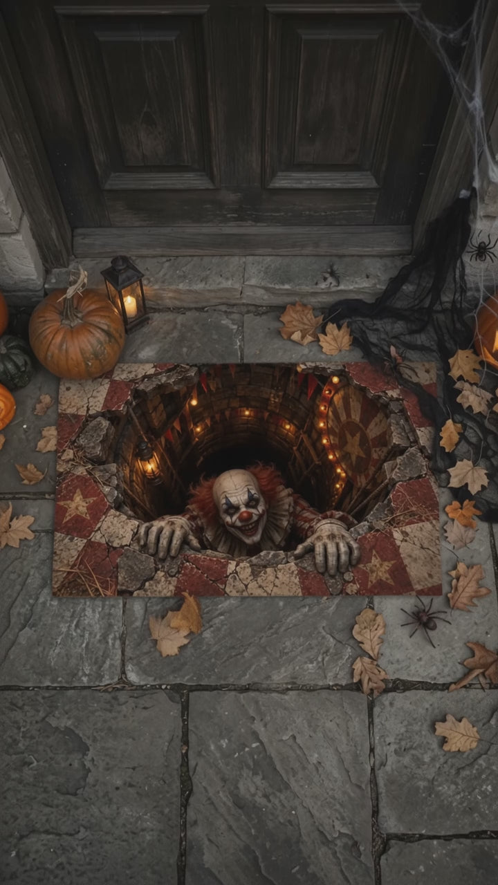 Creepy Clown Halloween Doormat,3D Scary Clown Optical Illusion Mat, Haunted Circus Door Mat, Horror Halloween Porch Decor