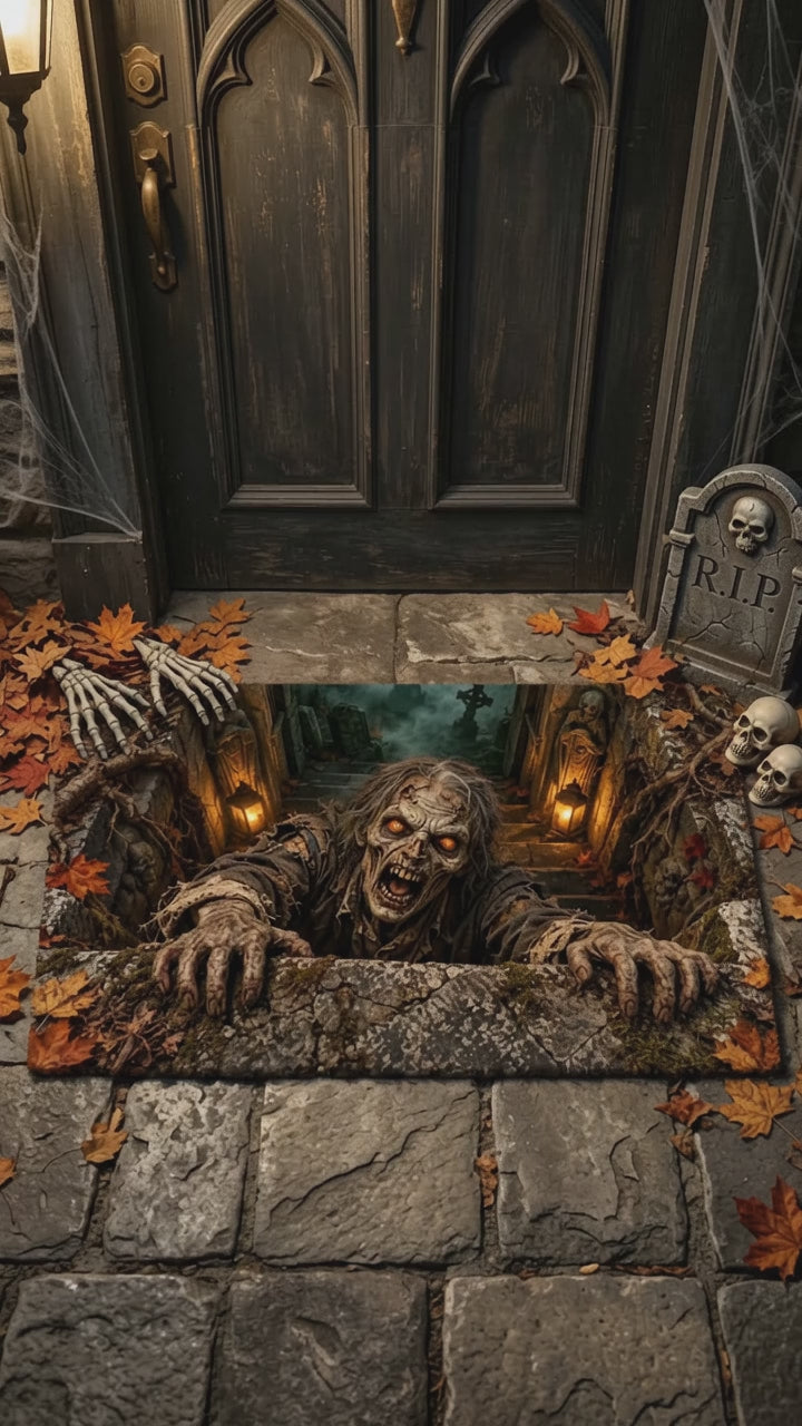 Zombie 3D Illusion Doormat, Graveyard Halloween Door Mat, Undead Zombie Welcome Mat, Haunted Crypt Optical Illusion, Spooky Porch Decor