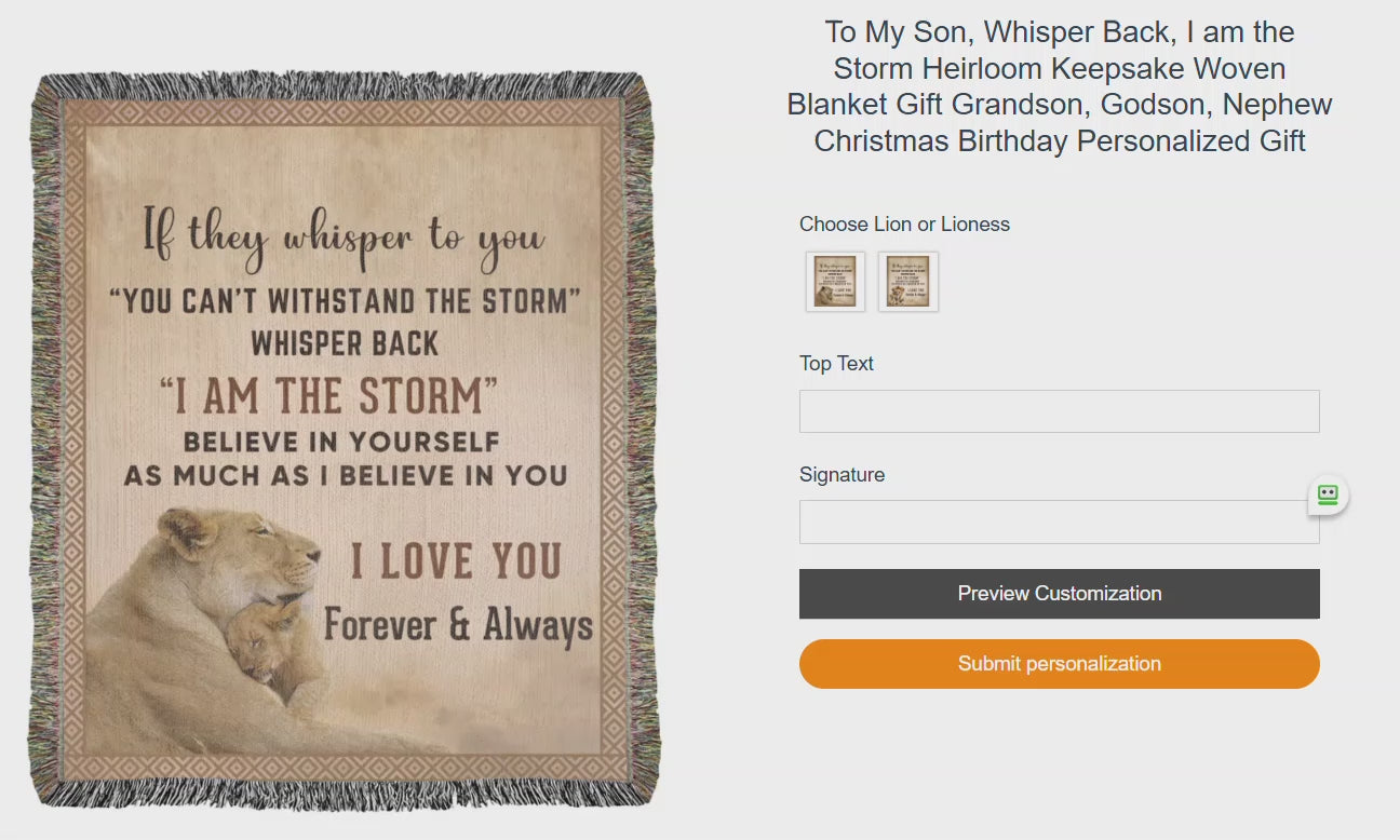 To My Son, Whisper Back, I am the Storm Heirloom Keepsake Woven Blanket