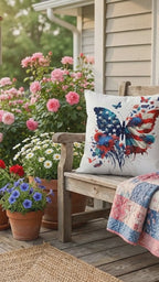 Patriotic Butterfly Pillow – American Flag Butterfly Throw Pillow – Red White Blue Floral Cushion – 4th of July Home Decor