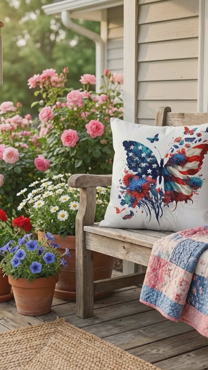Patriotic Butterfly Pillow – American Flag Butterfly Throw Pillow – Red White Blue Floral Cushion – 4th of July Home Decor