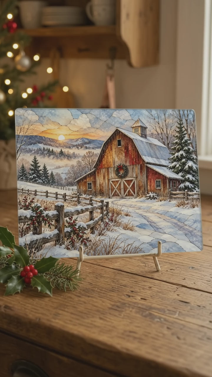 Snowfall Ridge Winter Barn Personalized Cutting Board, Country Farmhouse Kitchen Decor, Stained Glass Farm Scene, Rustic Christmas Gift, Custom Family Gift